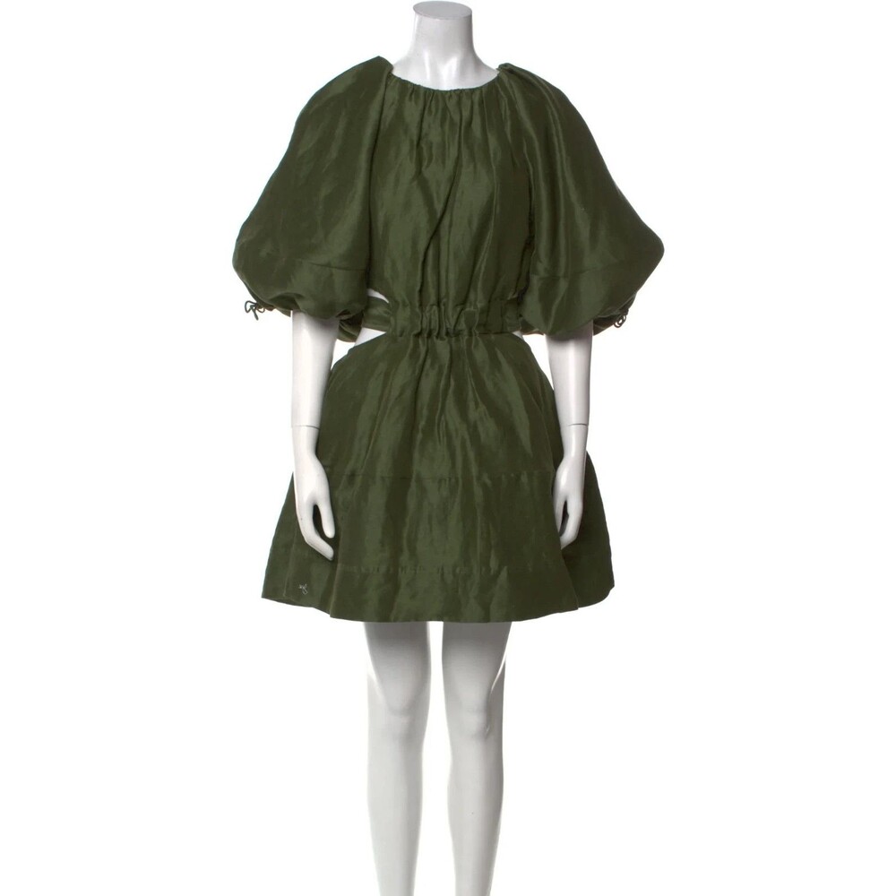 Aje. Mimosa Mini Dress Olive Green Puff Sleeves Cut out Silk linen